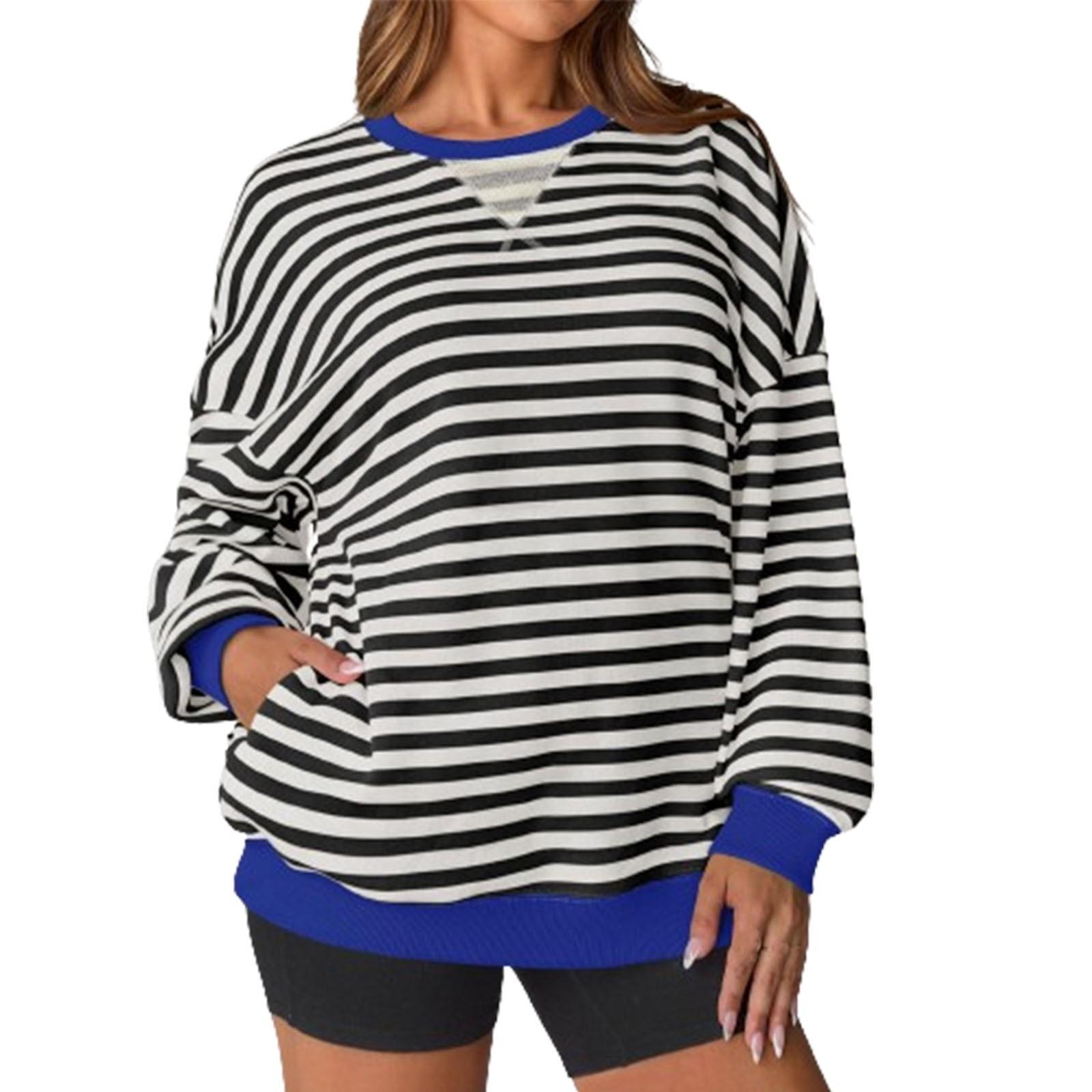 

Женская мода повседневная толстовка с длинным рукавом и круглым вырезом в полоску (с боковыми карманами) L чёрный