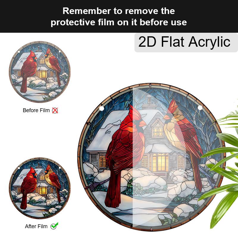 Acrylic Winter Cardinals with Snowy Cabin Suncatcher, Stained Glass Effect Window Hanging Ornament for Christmas & Nature Lover Gifts