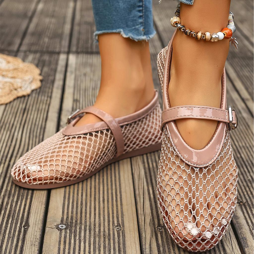 Breathable Soft Sole Flat Mary Jane Shoes for Women Summer Mesh Hollow Out Slip On Casual Footwear with Adjustable Buckle Strap