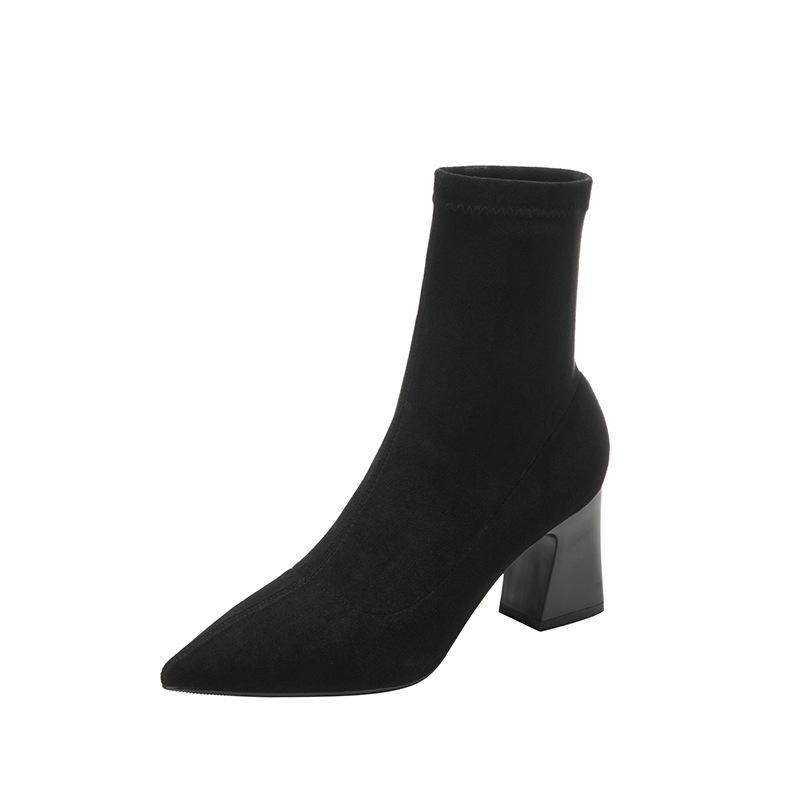 High heels women's autumn and winter pointed knitted women's short boots black heel medium tube elastic Martin boots suede women's socks boots versa