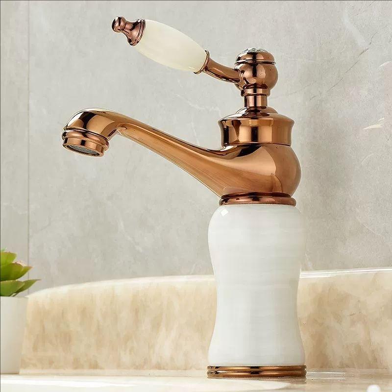 Rose Gold Luxury Bathroom Basin Faucet Single Jade Handle Vanity Sink Mixers Water Taps Brass Natural Jade Basin Sink Faucet