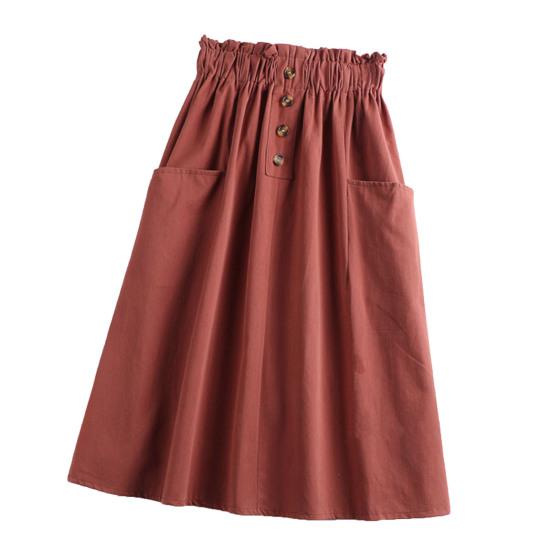

Женская повседневная юбка, эластичная юбка трапециевидной формы с высокой талией и большим подолом, однотонная юбка-миди с декоративными карманами и пуговицами розы красного