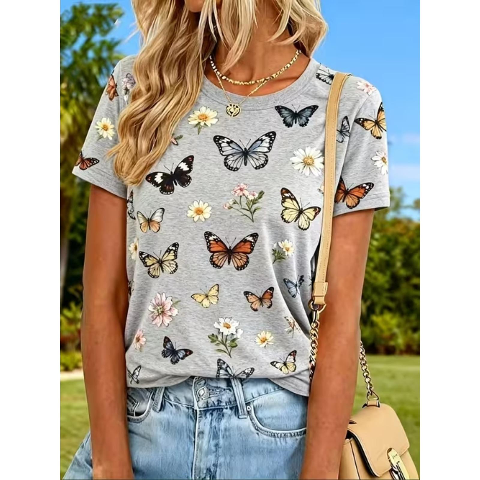 

Fashion Women Colorful Butterflies Print T Shirt Funny Casual O-neck Short Sleeves T-shirt Summer Female Tee Shirt XS серый