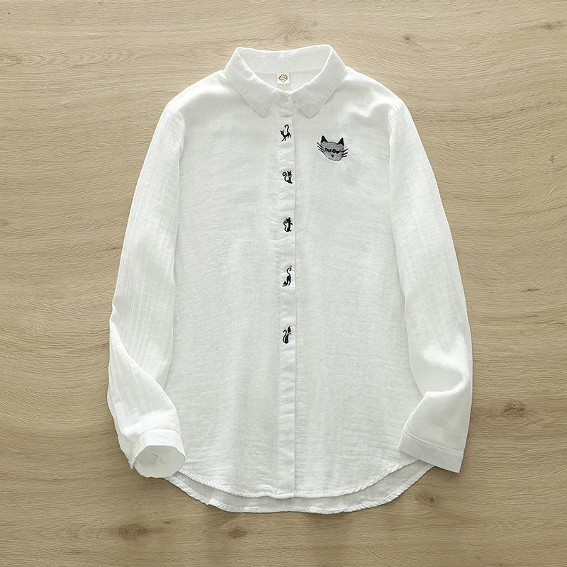 Women's Exquisite Embroidered Blouses & Shirts Lapel Long Sleeved Shirt Women's Placket Cat Loose Cotton Yarn Shirt
