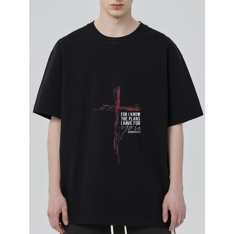 Black T Shirt with Religious Cross and Bible Verse for I Know The Plans I Have for You Jeremiah 29 11 Print for Casual Wear