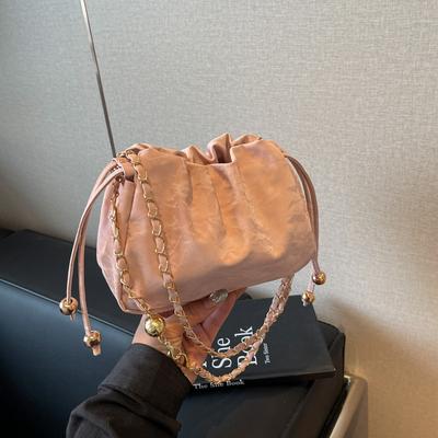 Simple Solid Color Shoulder Bag Fashionable Underarm Bag Texture Pu Bucket Bag Versatile Chain Messenger Women'S Bag