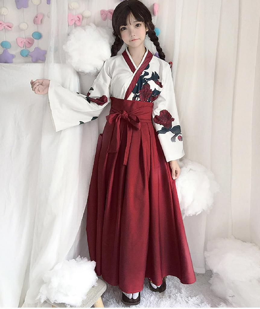 Qichenk Taisho Romantischer Hakama Kimono Traditioneller japanischer Plus Size Loose Floral Lolita Plus L Kostüm, Kleidung, Kleid, Damen, Größe, Kurz