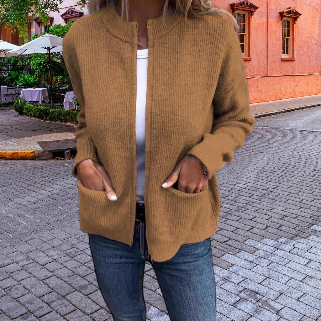 Women's Fashionable Solid Color Long Sleeved Stand Up Collar Zipper Loose Pocket Jacket Casual Jacket