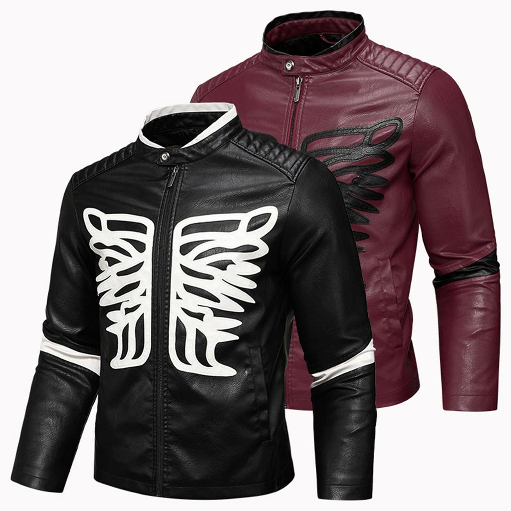Men's Leather Butterfly Embroidered Zipper Cardigan Motorcycle PU Leather Jacket