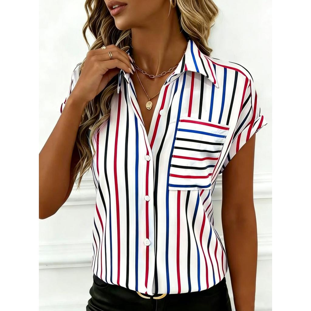 Summer Women's Drop Shoulder Button Striped Pocket Casual Shirt
