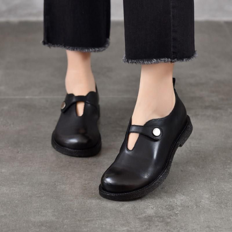 Johnature Retro Versatile Loafers Round Toe Genuine Leather Women's Low Heel Shoes