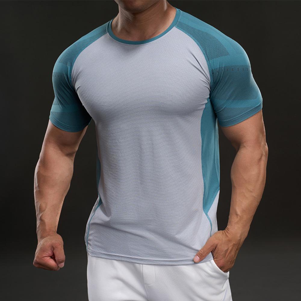 Summer Spliced Contrasting Ragdoll Sleeves American Style Casual Short-sleeved T-shirt Fashionable Sports Slim Elastic Fitness Outdoor T-shirt