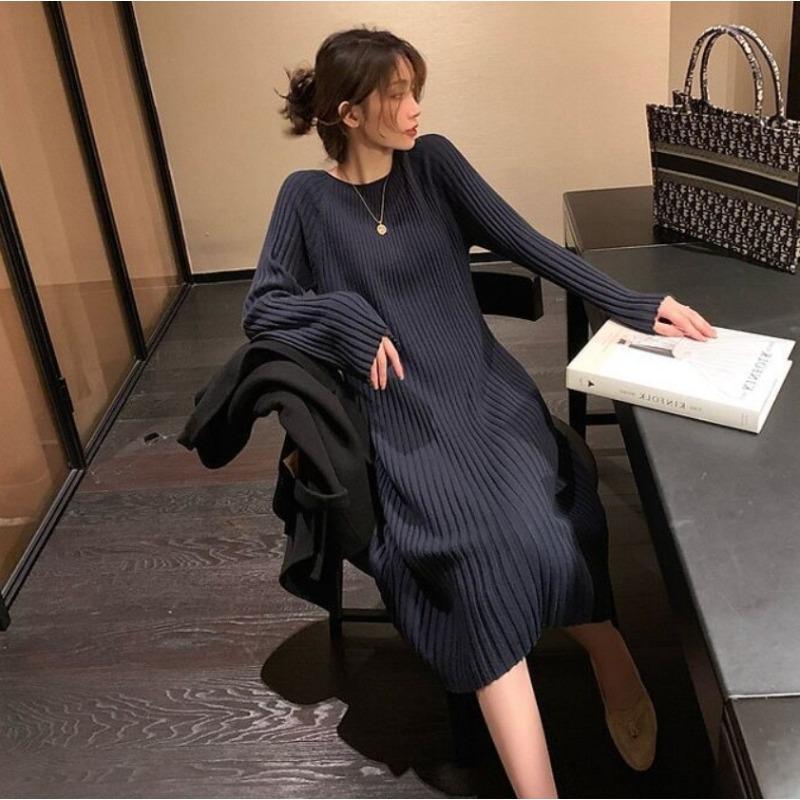 [] Lazy Wind Round Neck Navy Blue Knitted Dress Straight Loose and Thin Sweater Skirt Temperament Long Dress
