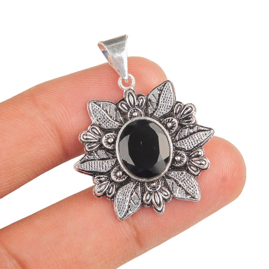 Natural Black Onyx  Gemstone 925 Sterling Silver Jewelry Handmade Pendant 1.59" CP-14-11