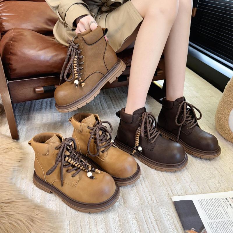 Retro polished big head Martin boots women's new fashionable versatile round head lace-up big yellow boots