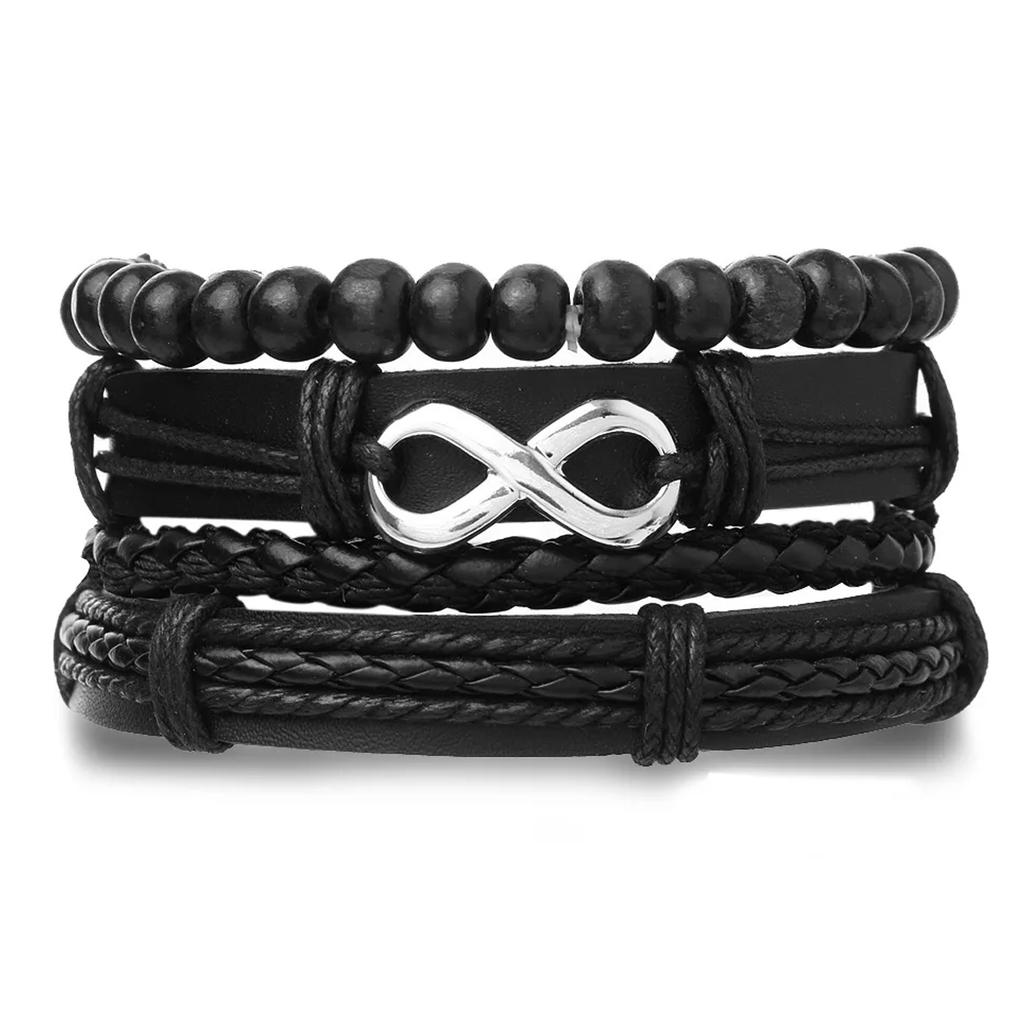 4Pcs/ Set Braided Wrap Leather Bracelets for Men Vintage Life Tree Rudder Charm Wood Beads Ethnic Rope Bracelet