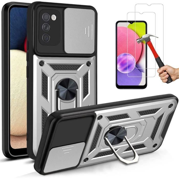 Coque de Protection - PROSHOP - pour Samsung A02S - Argenté - Style Armée Dure - 2 Verres Trempés