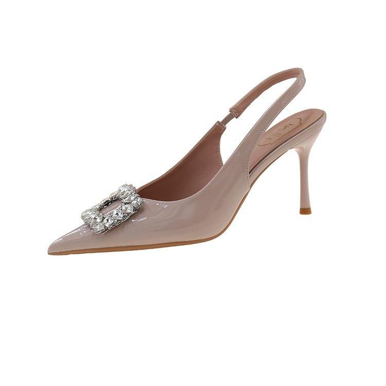 

[Youshilai] 2025 new French rhinestone square buckle high heels women s thin heels pointed head bag head sandals women s 42