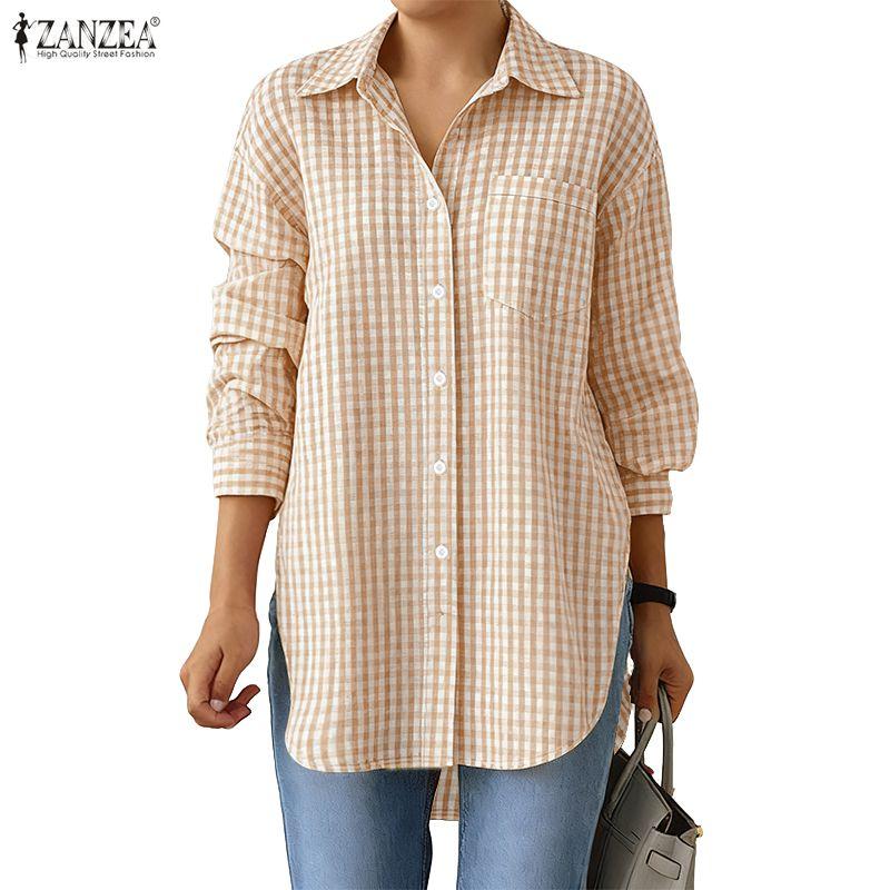 ZANZEA Women Casual Turn Down Collar Grid Print Loose Long Sleeve Blouse