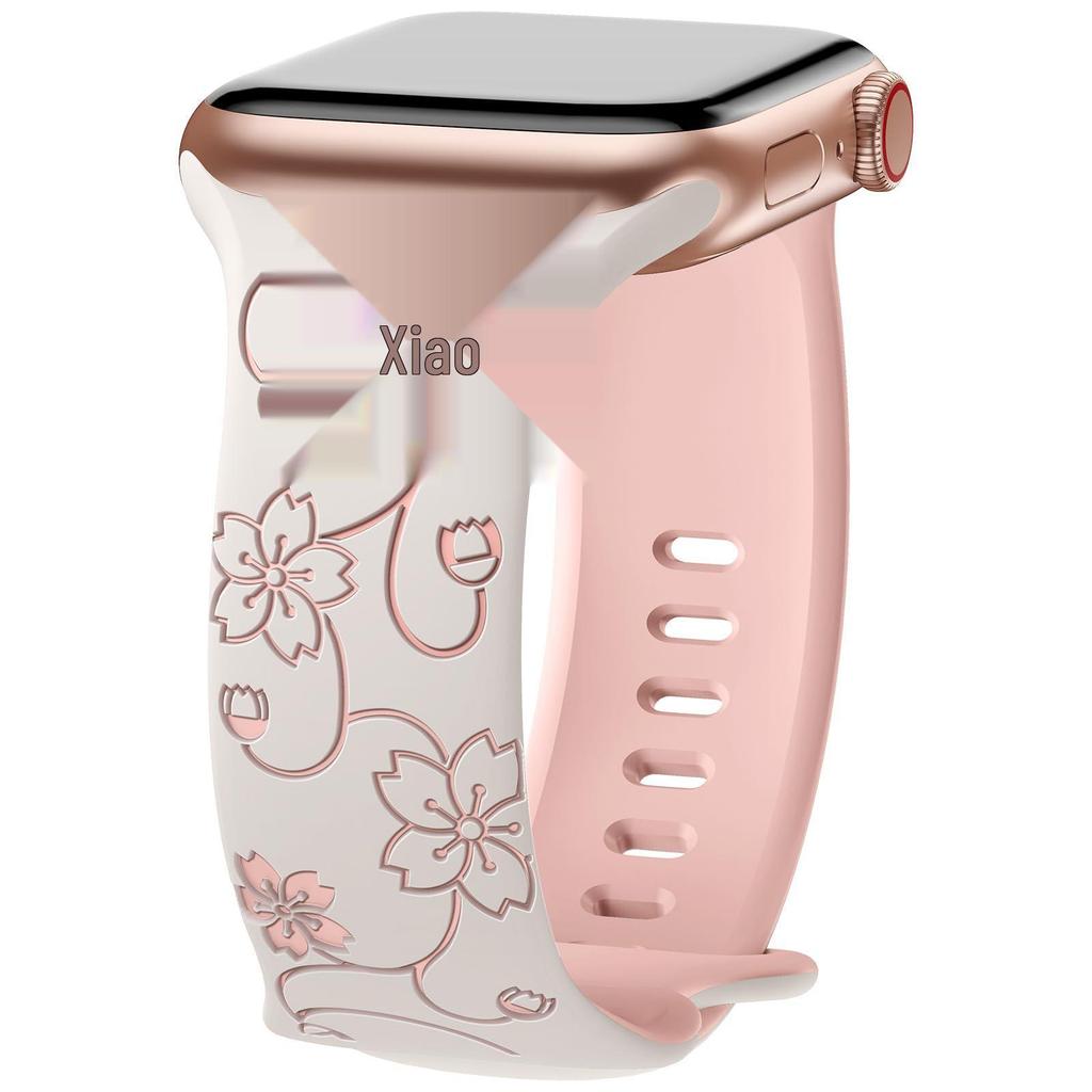 Compatible with Apple Watch: Laser Engraved Two-Color Floral Butterfly Silicone Strap with 3D Design