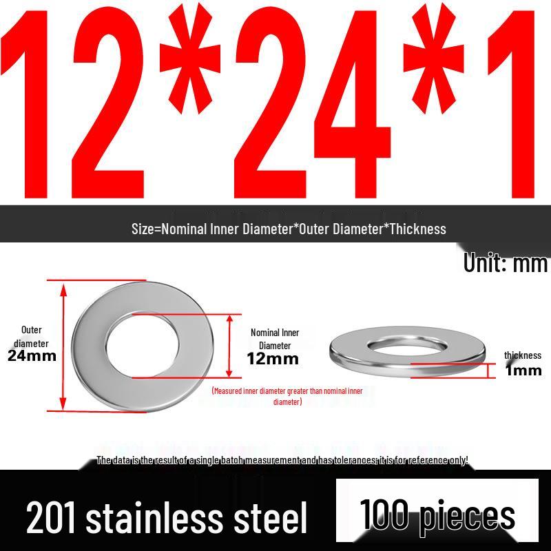 201 Stainless Steel Flat Washer Shim, GB97, Sizes M3 to M30