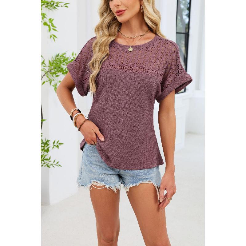2026 Spring/Summer New Round Neck Lace Trim Loose Short Sleeve T-Shirt for Women