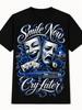 Black 100% T-Shirt, Smile Now Cry Later Masks And 8 Ball Graphic, Sizes S-XXXL, for Retro Style Fan, Man Cave, Casual Home Decor, Vintage Lover Gift