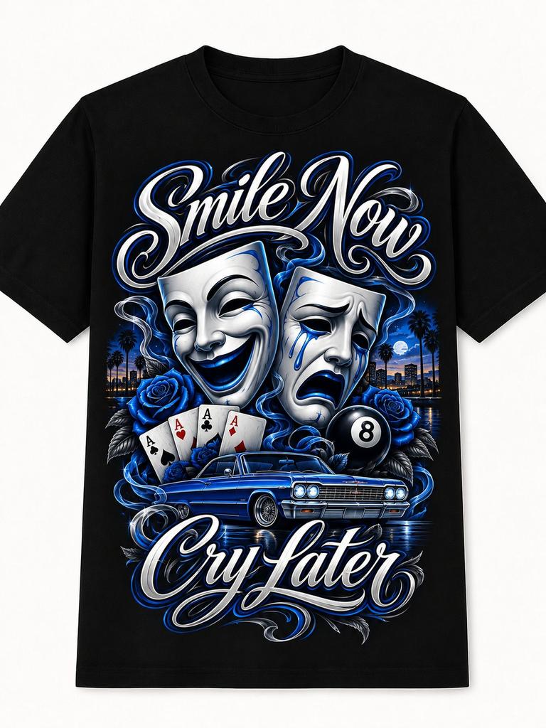 Black 100% T-Shirt, Smile Now Cry Later Masks And 8 Ball Graphic, Sizes S-XXXL, for Retro Style Fan, Man Cave, Casual Home Decor, Vintage Lover Gift