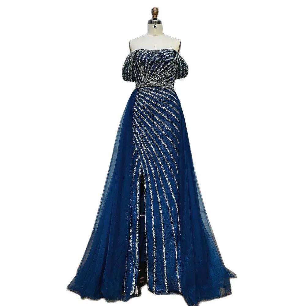 High-end sexy one-word shoulder split harpoon tail light luxury temperament socialite banquet host dress LA11818