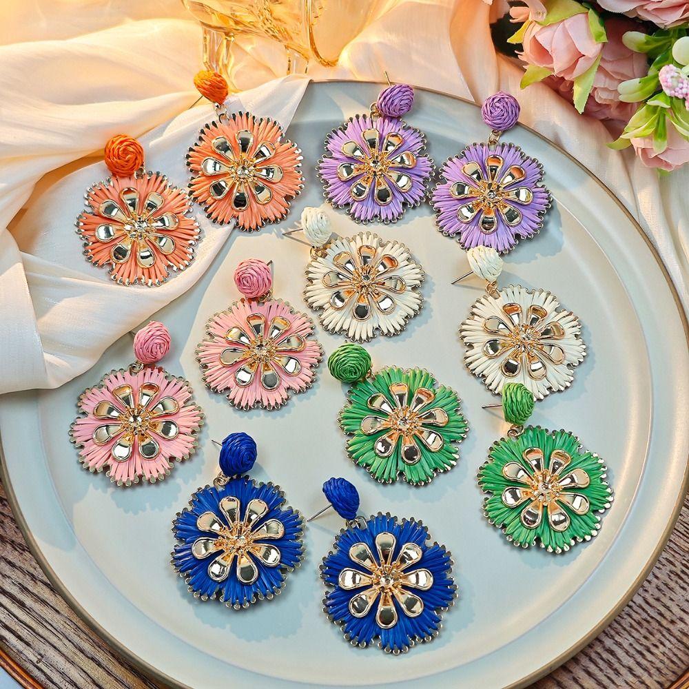 

Bohemian Circle Drop Eardrop Mulitcolor Dangle Ear Stud Geometric Round Raffia Earrings Party