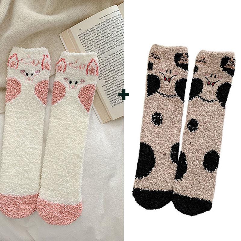 

2 пары/лот женские зимние теплые пушистые носки для сна дома милые кавайные толстые флисовые носки с изображением животных One size