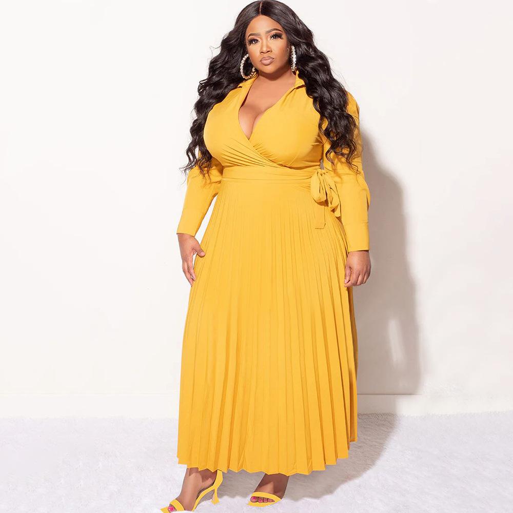 Spring and Autumn Plus Size Women's V-Neck Tie Long Sleeve Pleated Fitting Temperament Dress