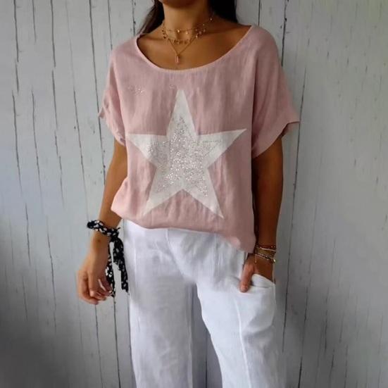 Dam Sommartoppar Kortärmad Rundhals T-shirt Hot Drill Stjärntryck Lös Passform Casual T-shirt Daglig Användning