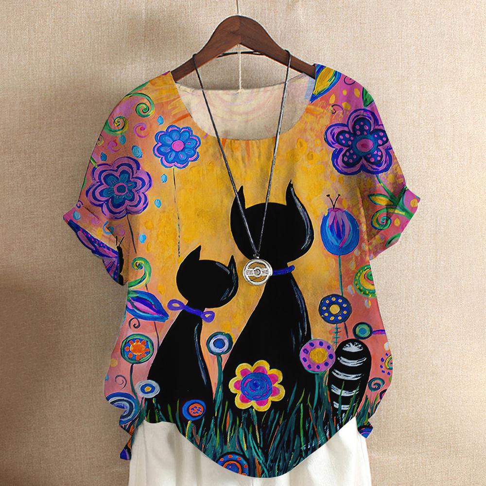 Maglietta da donna con gatto dei cartoni animati, camicetta Harajuku, scollo a V, manica corta, oversize, casual, pullover, estate, magliette carine, abbigliamento femminile
