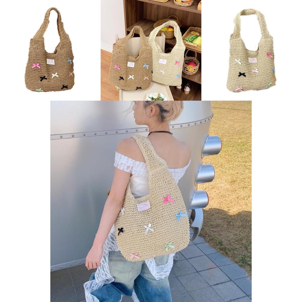 Straw Woven Bow Shoulder Bag With Large Capacity For Daily Use