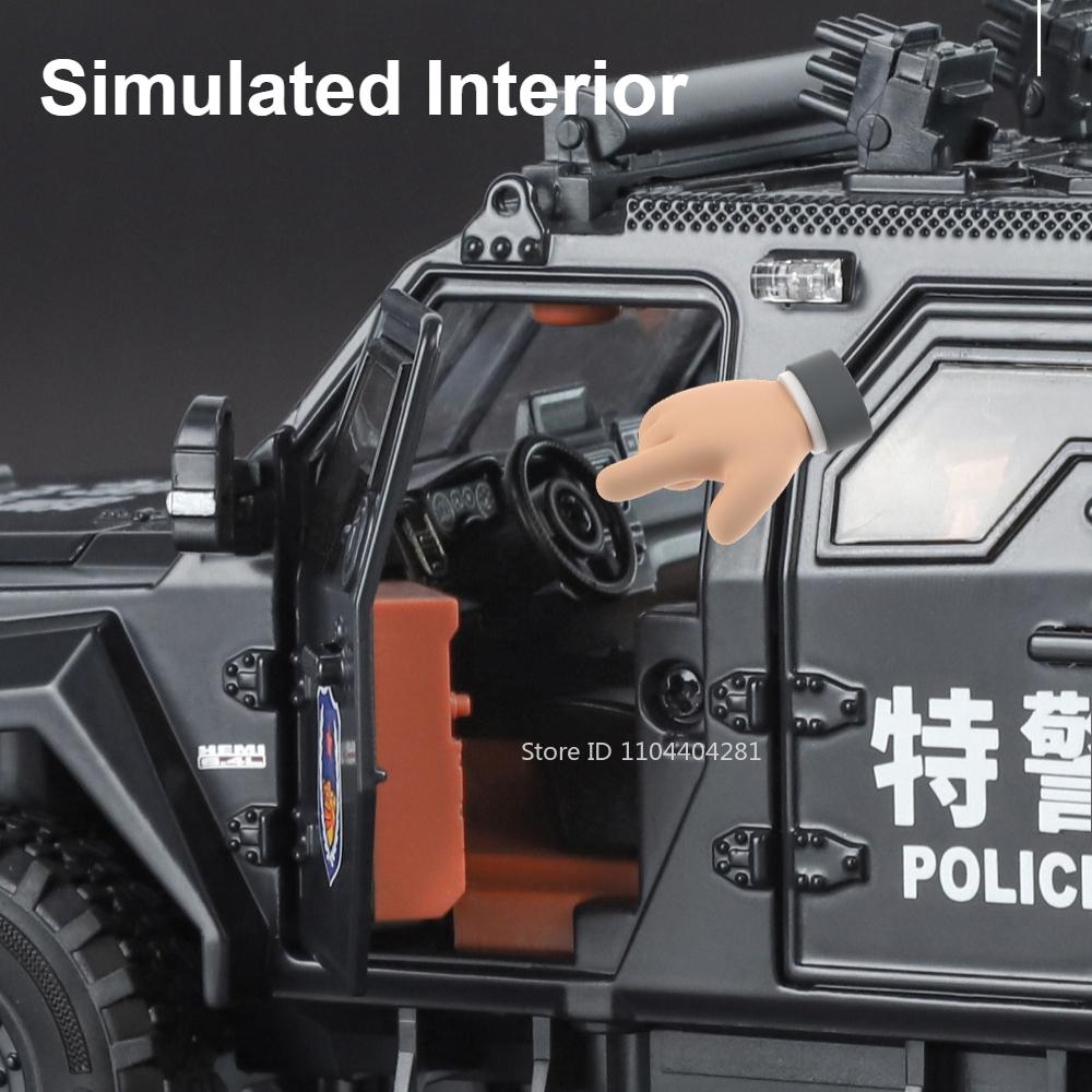 1:24 Military Disperse Explosion Proof Car Model Toy Diecast Alloy Armored Cars Door Opened Sound Light Vehice Boy Birthday Gift