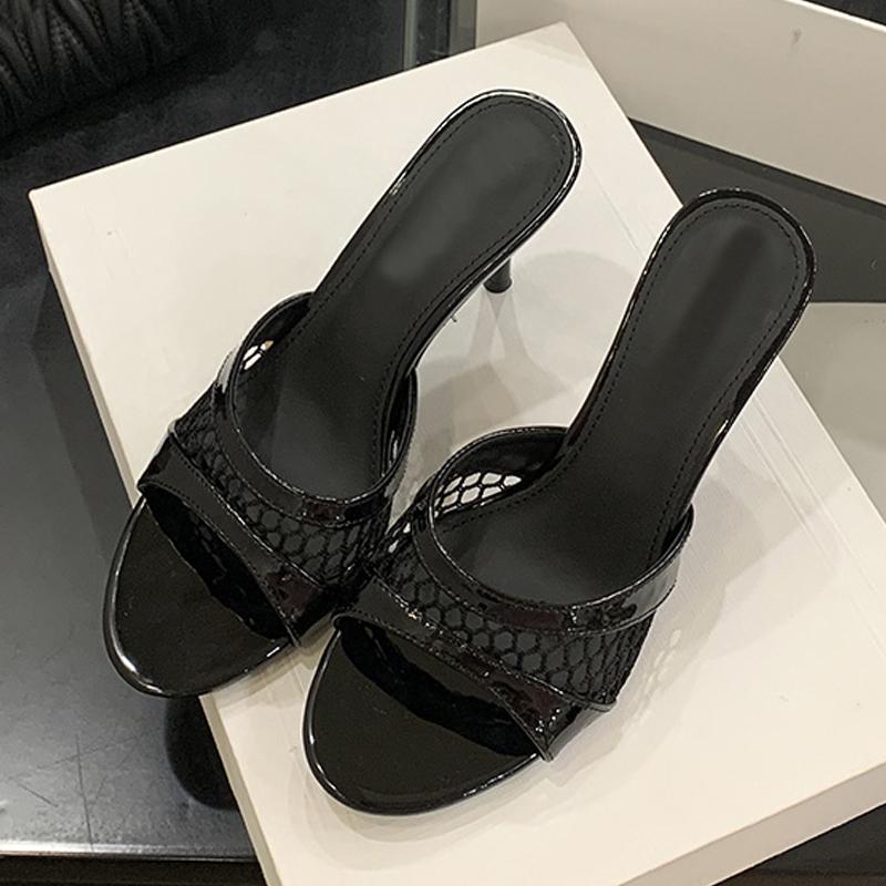 Heeled Footwear Female Slides Women Slippers Fashion Wine red Breathable Mesh Round Toe Thin Heels Sandals Pumps Shoes