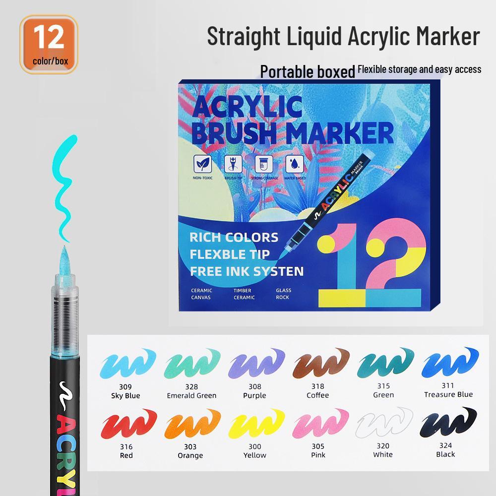 

Акриловый маркер с прямыми чернилами, кисть с мягким наконечником, большая емкость, возможность наслоения, не под давлением.