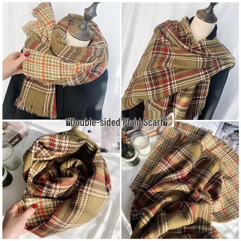 Women's Red Plaid Retro Faux Cashmere Scarf - Versatile & Warm for Autumn/Winter