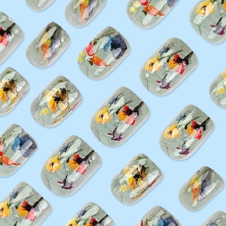 24 Stück Kurze quadratische Aufklebenägel 3D-Blumen Vollabdeckung Falsche Nägel Frühling Press-On Nägel Maniküre Zubehör für Frauen