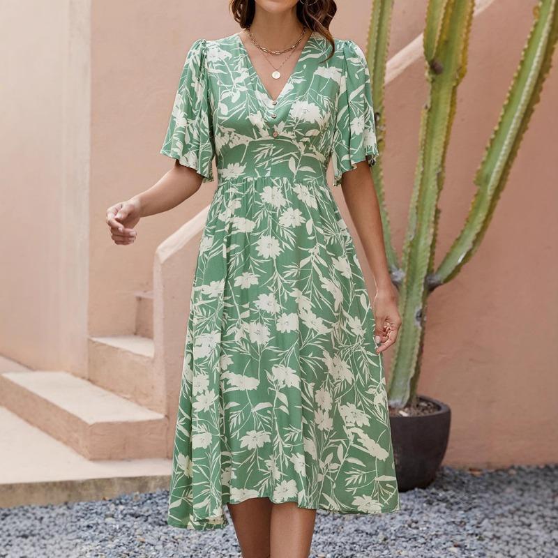 Damen Bedrucktes V-Ausschnitt Kurzarm Taillenkleid Böhmisches Urlaubs-Strandkleid