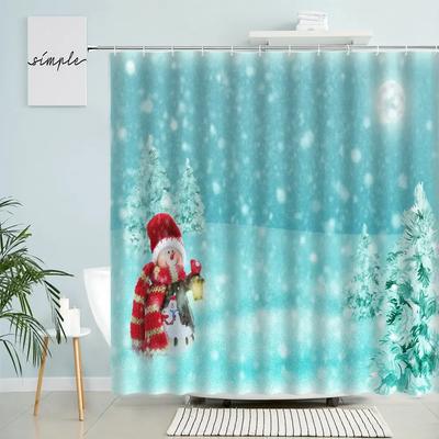 Merry Christmas Shower Curtain Xmas Snowman Forest Snow Child New Year Bathroom Bathtub Waterproof Polyester Screen With Hook