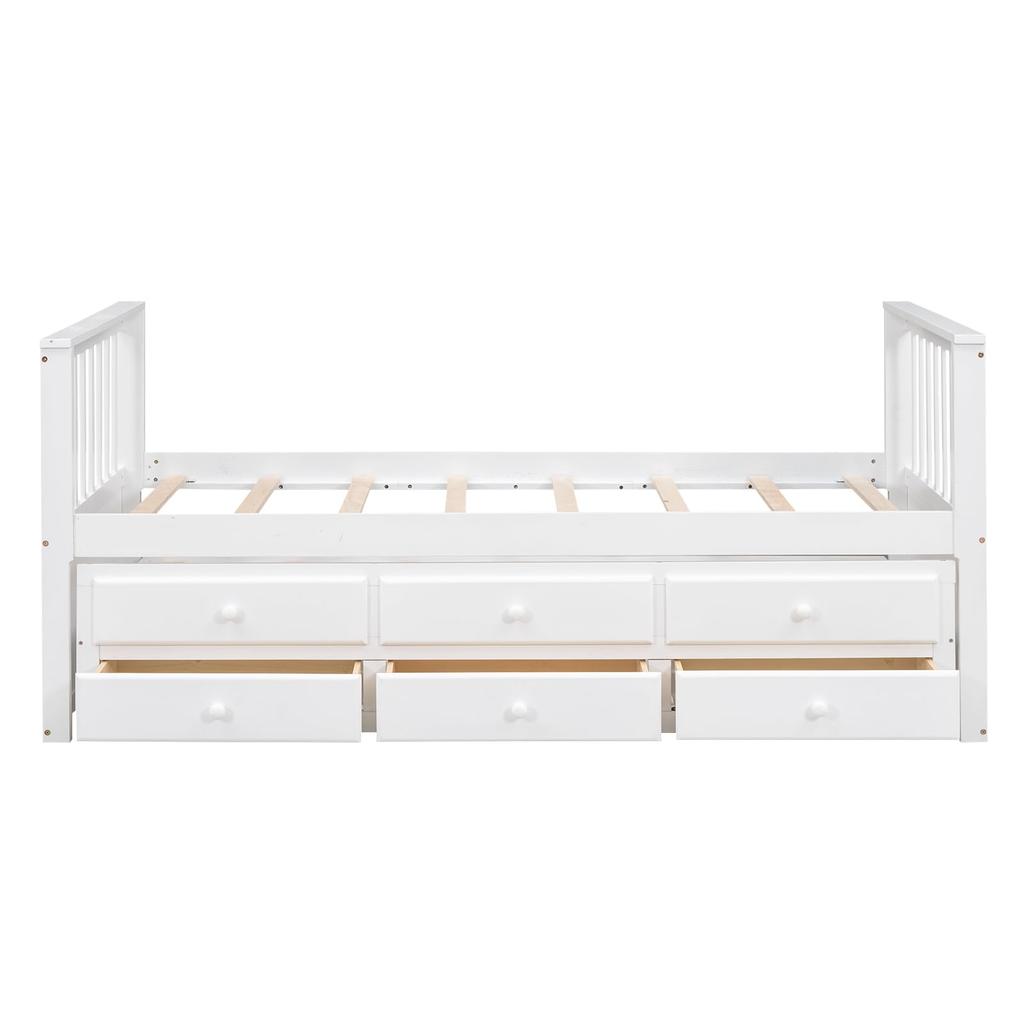 Kinderbett Tagesbett 90x200 Bettauszug Einzel-/Doppelbett Stauraum 3 Schubladen Holzbett Lattenrost Weiß ohne Matratze