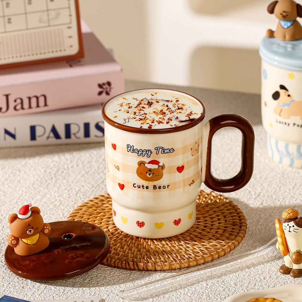 Straw large-capacity mug with lid high-value cute animal ceramic cup household water cup couple gift
