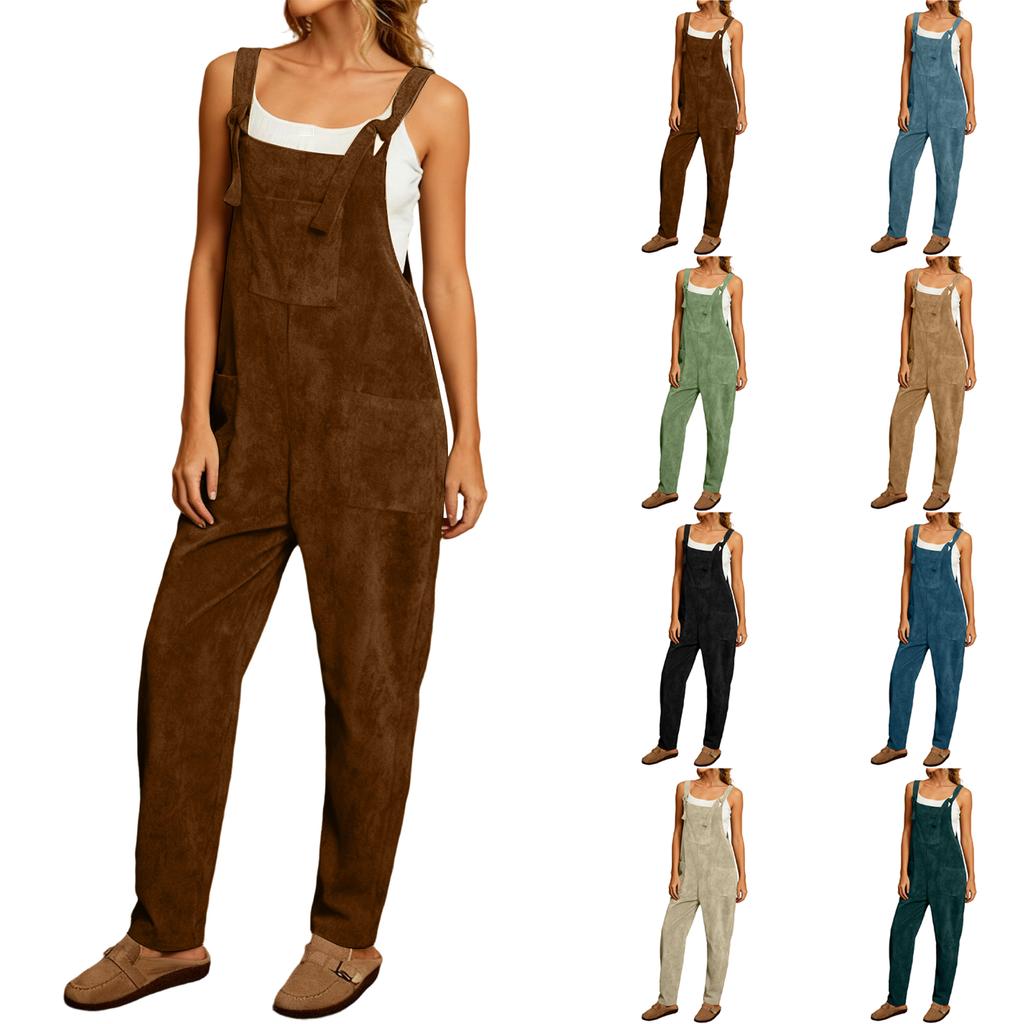 Women's Solid Color Corduroy Wide Leg Overalls Sleeveless Vest Pocket Casual Jumpsuit