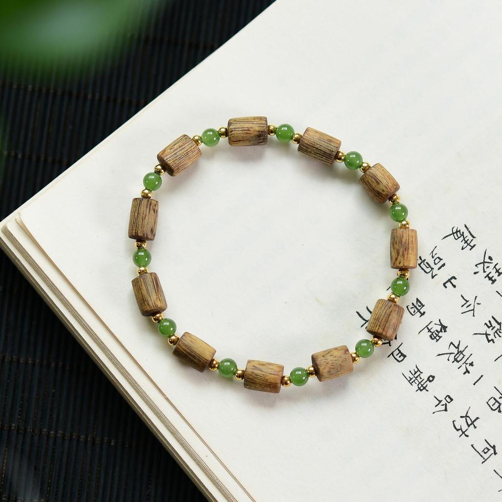 Natural Agarwood & Hetian Jade Bracelet with 925 Silver Beads (No Oiling)