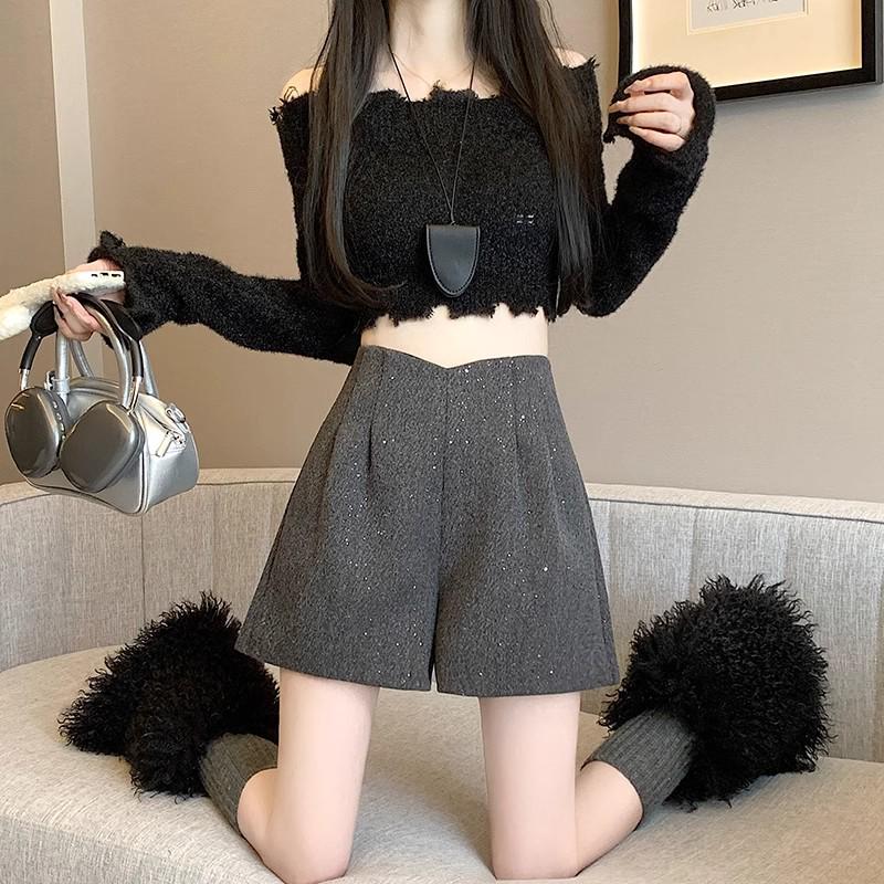 Women's Glitter Tweed High-Waisted Wide-Leg Shorts - Autumn/Winter 2025 Fashion