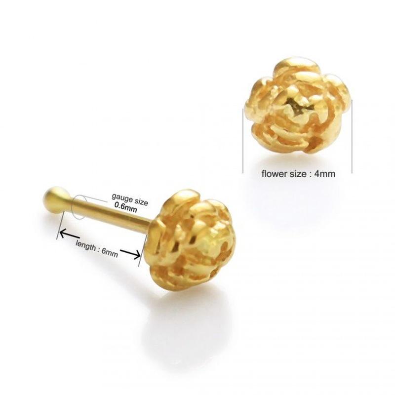 KODY PIERCING 14k Solid Gold Nose Piercing With Rose Design - Quality Piercing