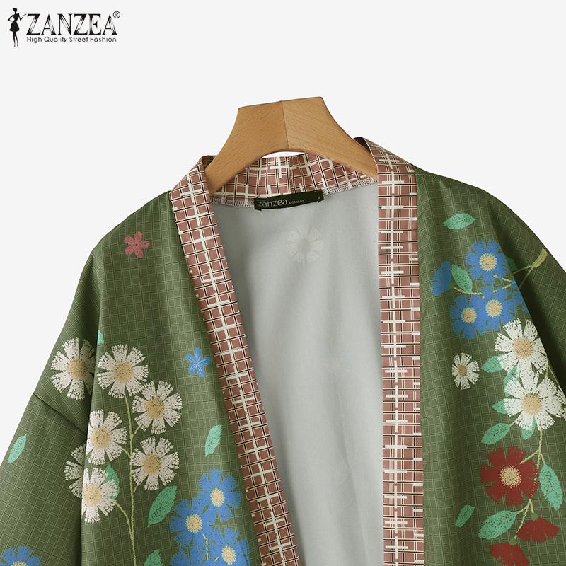 ZANZEA Women Floral Print Loose Casual 3/4 Sleeve Kimono Cardigan Blouse