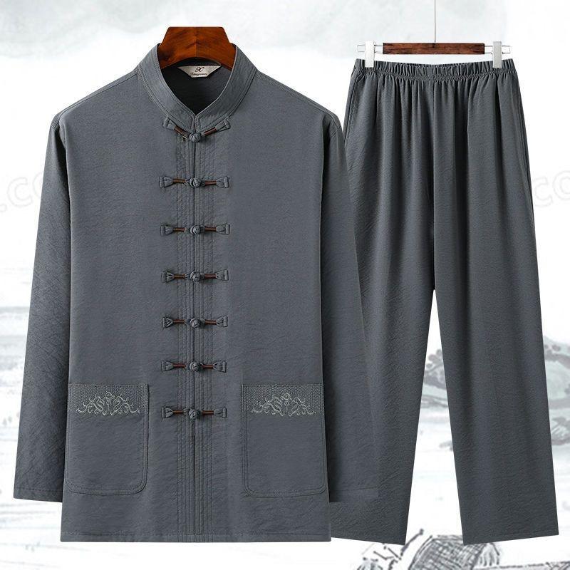 Herren Chinesisches Traditionelles Bekleidungsset Schnalle Kung Fu Hemd Orientalisch Retro Oberteil Hose Tai Chi Atmungsaktive Uniformen Hanfu